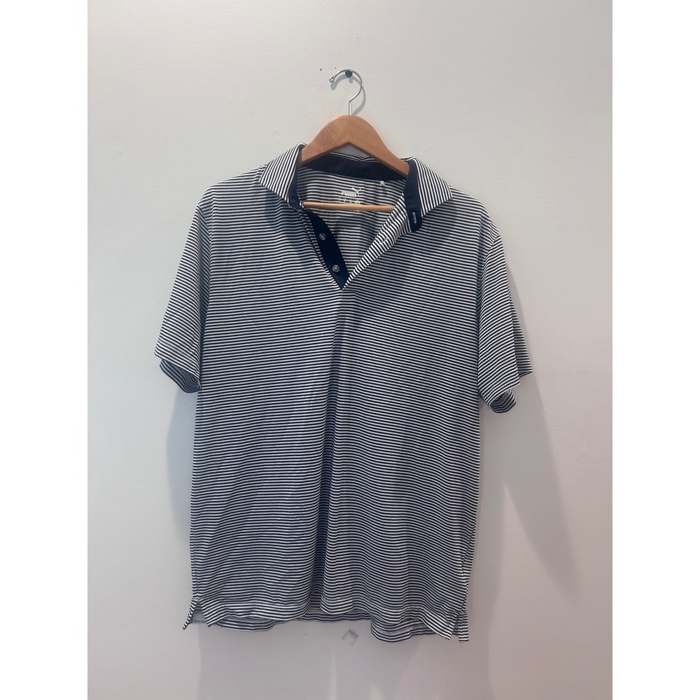 Puma Golf Polo Shirt Mens Large Blue Striped Short Sleeve